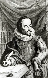 Porträt von Miguel de Cervantes Saavedra (1547-1616), graviert von Jacob Folkema (1692-1767)